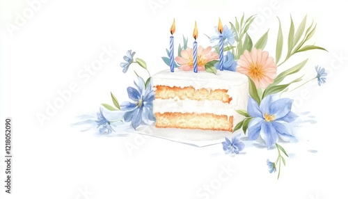 A beautifully decorated birthday cake with three candles surrounded by vibrant flowers on a white background