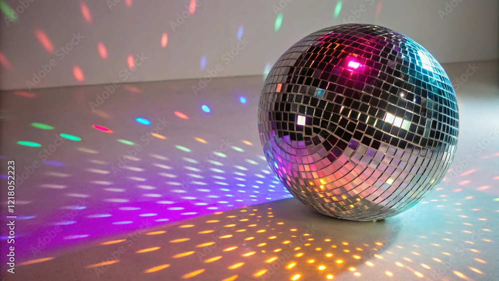 Obraz premium disco ball,Shimmering Disco Ball Reflecting Colorful Lights on White Background