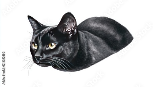 A sleek black cat lying gracefully, showcasing its shiny fur and keen gaze against a plain background
