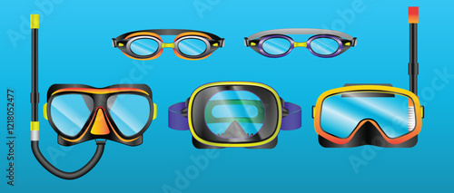 Set illustration of swimming and diving equipment, including snorkeling masks, goggles, and snorkels. The vibrant design features a modern aesthetic and emphasizes underwater exploration gear against 