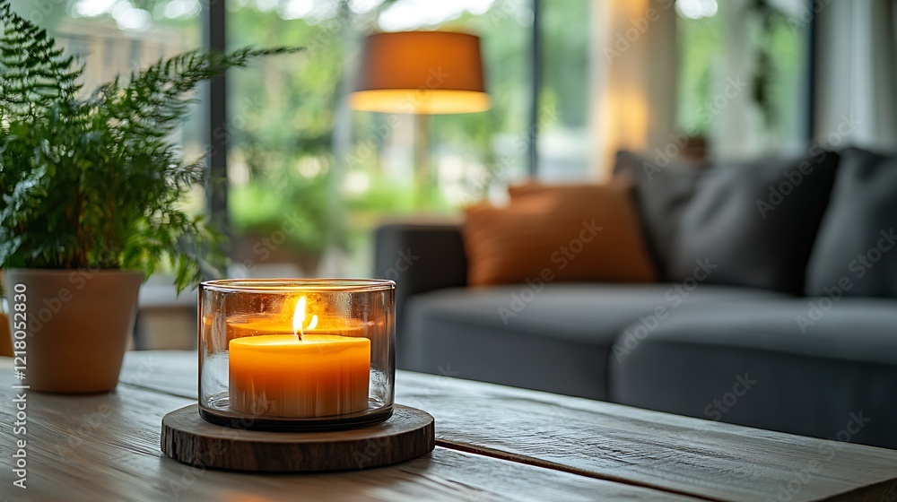 Round glass jar with burning candle on rustic wooden table in the living room Round glass jar with burning candle on rustic wooden table in the living room