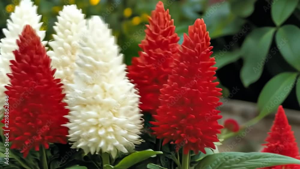 Bright red and white celosia flowers in a garden setting during daylight hours showcase vibrant colors and unique textures Bright red and white celosia flowers in a garden setting during daylight hours showcase vibrant colors and unique textures
