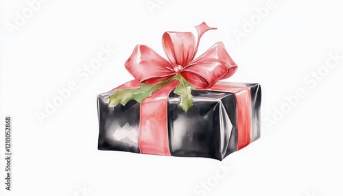 A beautifully wrapped black gift box adorned with a red ribbon and holly leaves, perfect for festive occasions