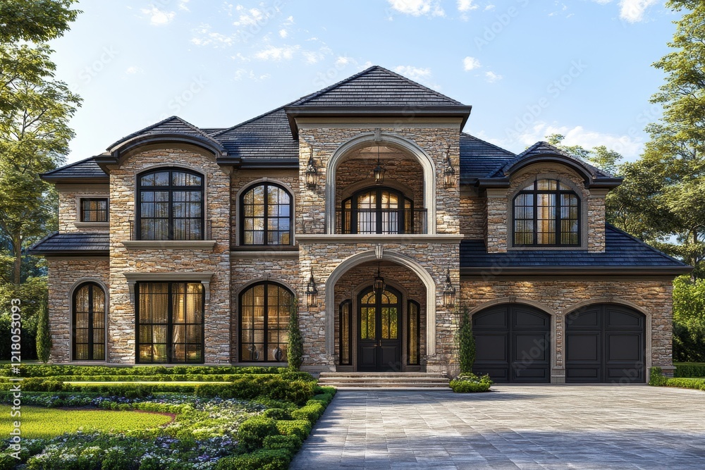 Grand stone house with arched windows and double garage. Perfect for real estate, architecture, or luxury home websites. Grand stone house with arched windows and double garage. Perfect for real estate, architecture, or luxury home websites.