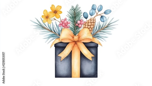 A beautifully wrapped gift box adorned with colorful flowers and pine branches, perfect for celebrations