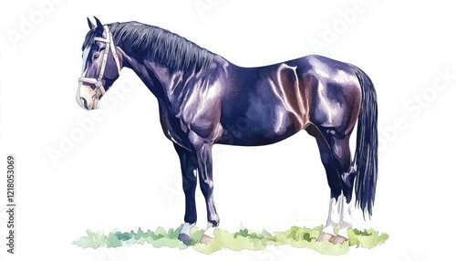 Majestic black horse standing gracefully on green grass, showcasing its beauty in a serene outdoor setting