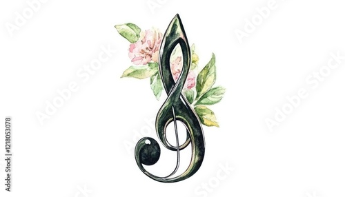 Elegant treble clef entwined with soft floral elements, symbolizing harmony in nature and music
