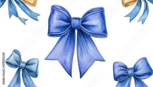 Colorful watercolor bows in various shades of blue and gold, creating a festive and decorative background