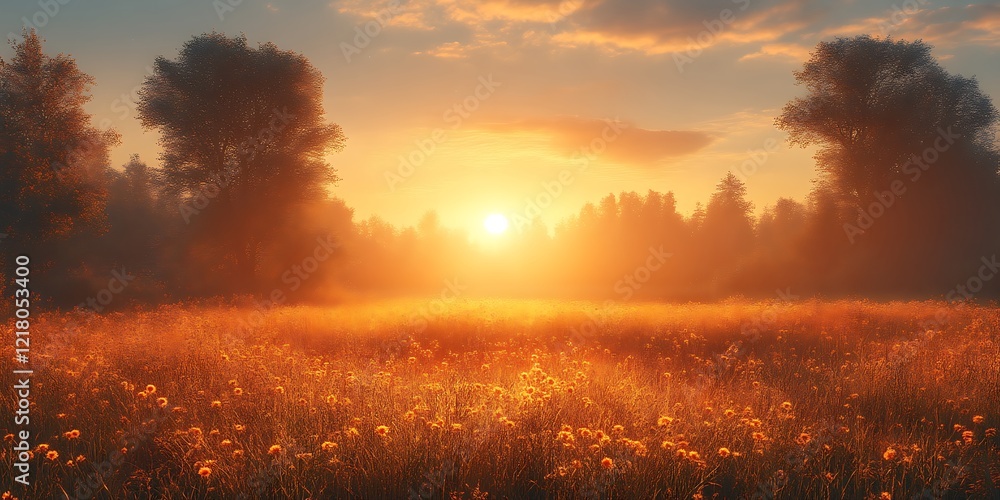 Fototapeta premium Sunrise over foggy field of wildflowers.