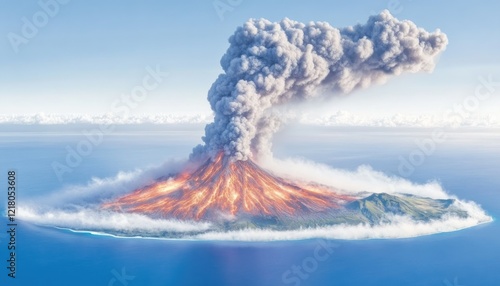 Erupting Volcano Spewing Ash and Lava into the Sky Over a Serene Ocean Landscape, Capturing Nature's Fury