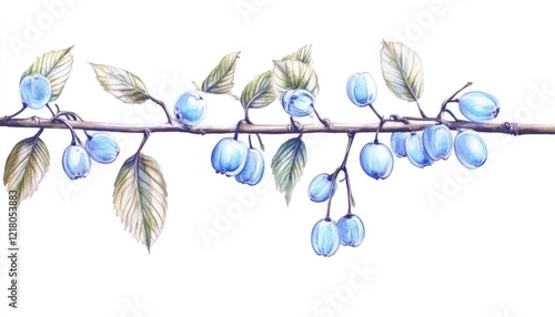 Delicate watercolor illustration of blue berries on a branch with green leaves against a white background