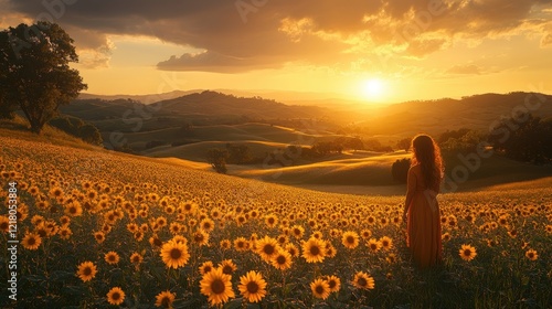 Woman in a flowing dress stands amidst a vibrant sunflower field at sunset, with rolling hills in the background