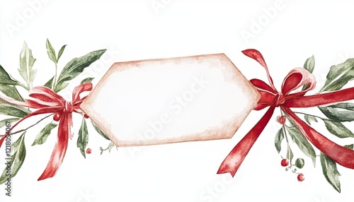 Festive watercolor illustration featuring a blank tag adorned with red ribbons and holiday greenery