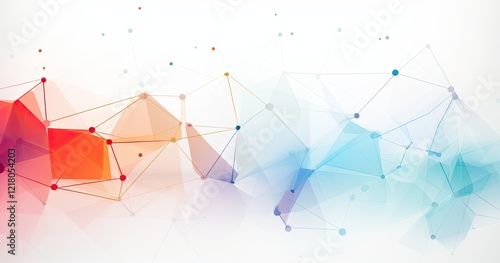 Abstract geometric design with colorful nodes and connections on a light background.