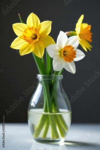 Glass container with narcissus flowers and a few leaves, reflection, flower, branch