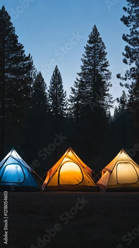 Colorful tents illuminated at dusk in a dense forest showcasing outdoor camping experience