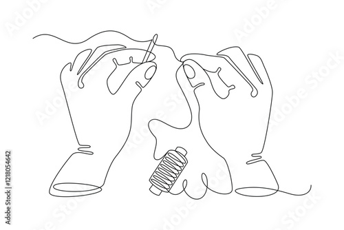 Insert thread into the needle, drawn with continuous line in minimalism, abstract, hands, needle, thread, spool, concept of needlework and sewing, one line, editable vector contour