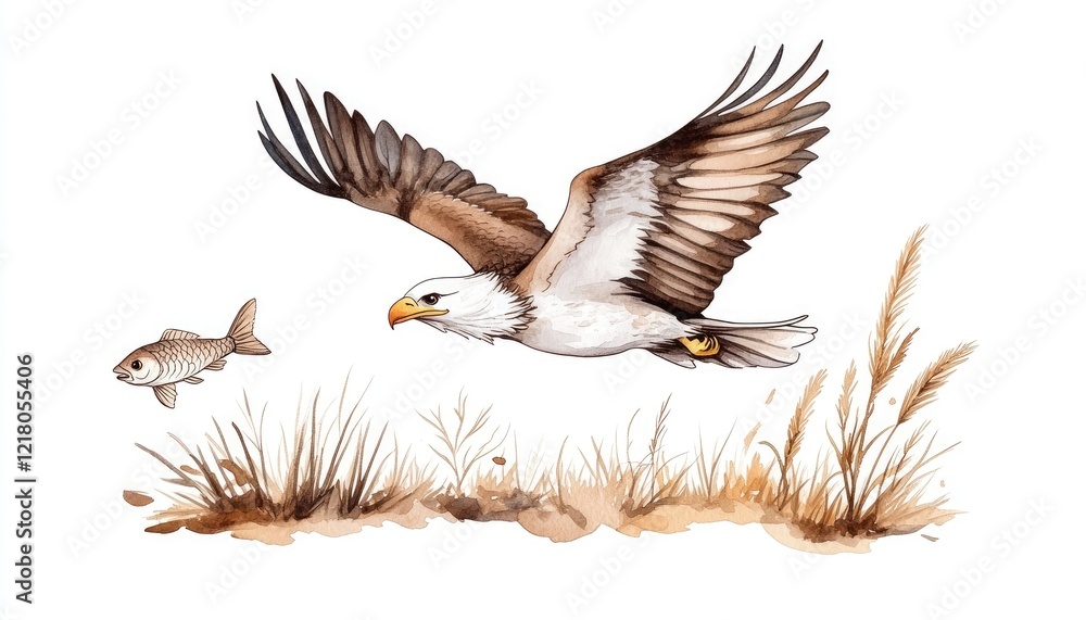 Obraz premium A majestic eagle soaring above a stream, hunting for fish amidst tall grasses and reeds