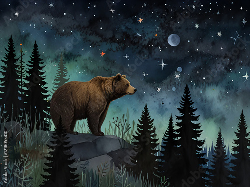 This commercial illustration features a bear in a dark, starry forest at night. photo