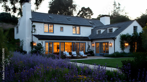 White House Evening Exterior Lavender Garden View