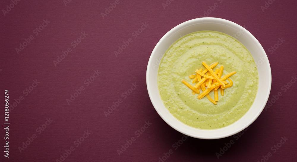 A bowl of creamy broccoli cheddar soup on a plum background negative space ideal for adding text or graphic elements the overall aesthetic is clean minimalistic and visually appealing A bowl of creamy broccoli cheddar soup on a plum background negative space ideal for adding text or graphic elements the overall aesthetic is clean minimalistic and visually appealing