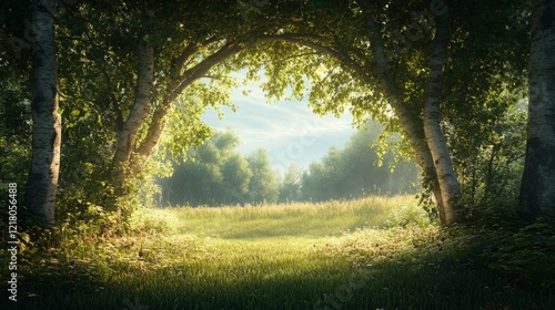 Serene Summer Meadow Framed by Lush Green Trees