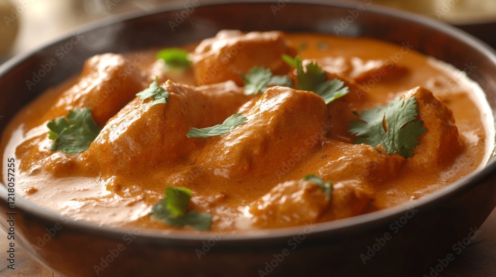 A close-up of a steaming bowl of creamy butter chicken, showcasing the rich, orange sauce and tender pieces of chicken with a garnish of cilantro. A close-up of a steaming bowl of creamy butter chicken, showcasing the rich, orange sauce and tender pieces of chicken with a garnish of cilantro.