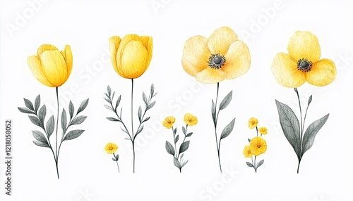 Wallpaper Mural A vibrant collection of yellow flowers illustrated in a watercolor style, showcasing various species Torontodigital.ca