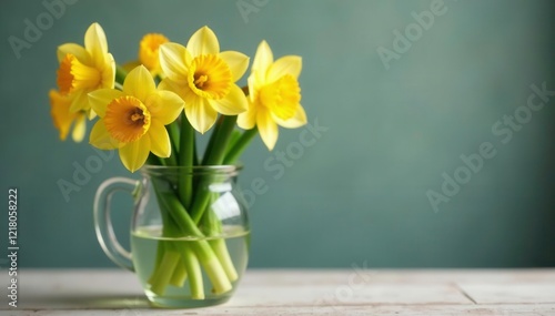 Glass cup filled with fresh cut narcissus flowers, vase, greenery