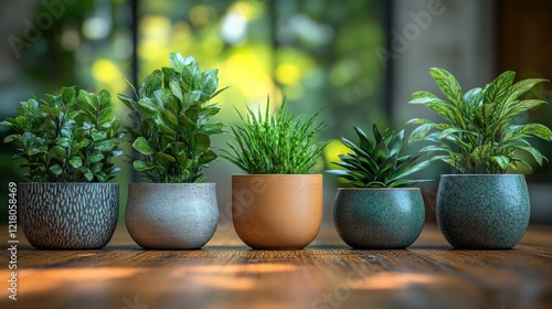 Five potted plants on a wooden surface, vibrant green leaves, modern pots, home decor, indoor gardening, serene atmosphere, natural light, fresh plants,  spring, summer vibes, home decoration photo