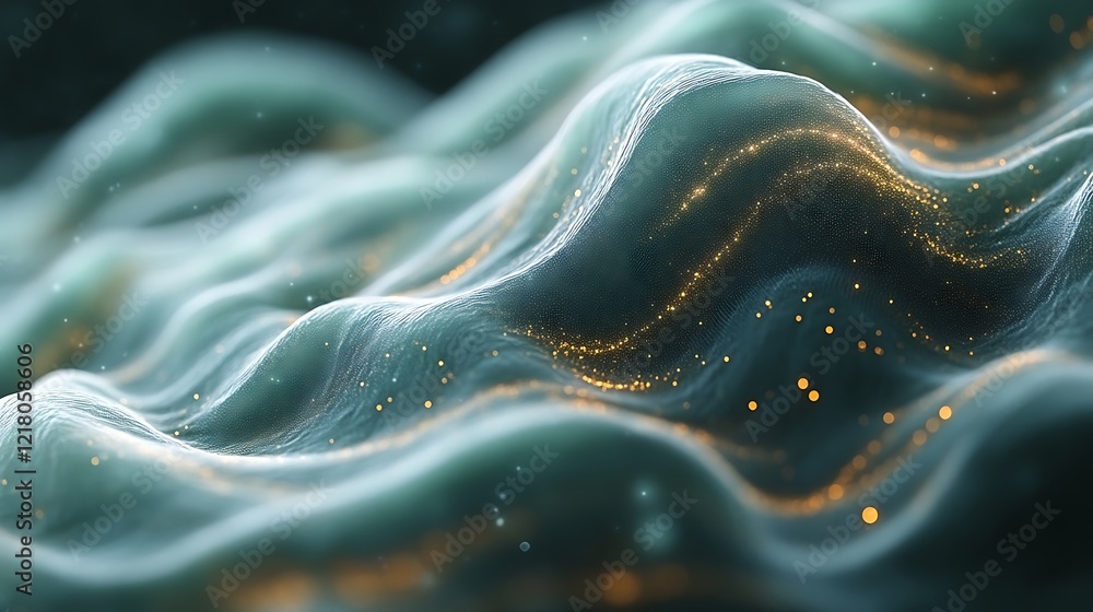Abstract Teal Waves With Golden Particles