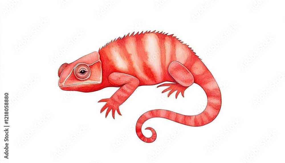 Naklejka premium Vibrant red lizard with distinctive stripes, showcasing its unique anatomy against a white background