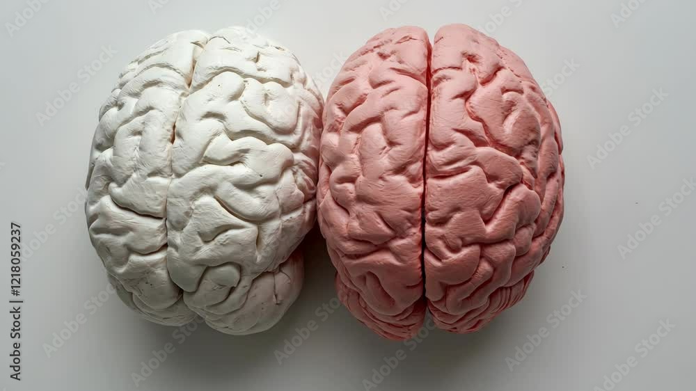 Replica of human brain displayed on a white background, showcasing anatomical details and contrasting colors Replica of human brain displayed on a white background, showcasing anatomical details and contrasting colors