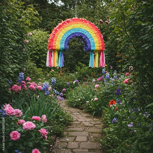 Pride-themed piñata shaped like a rainbow hanging in a garden photo