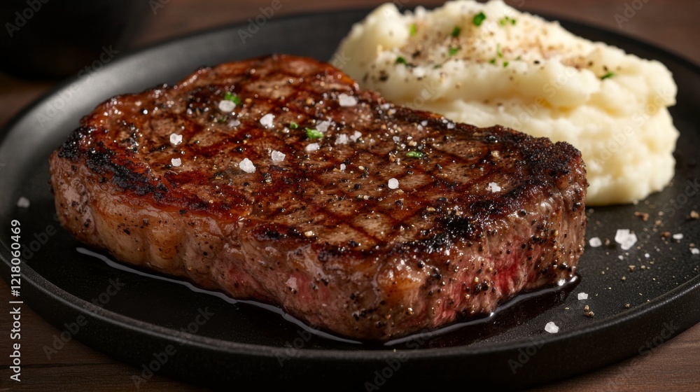 A macro shot of a steak with a crispy crust and a tender, juicy interior, served with a side of mashed potatoes and a sprinkle of sea salt. A macro shot of a steak with a crispy crust and a tender, juicy interior, served with a side of mashed potatoes and a sprinkle of sea salt.