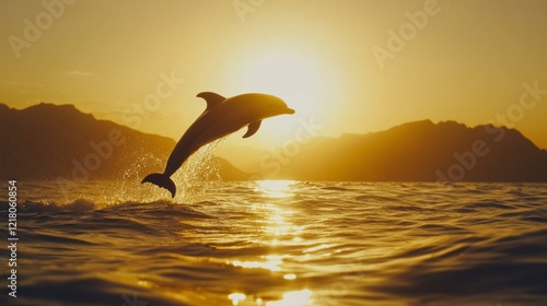 A silhouette of a dolphin jumping out of the water at sunset, with the golden sun casting a warm glow on the scene.
