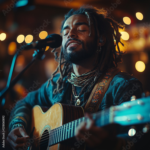 Una cantante apasionada en un escenario brillante. photo