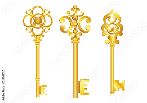 Set illustration of three ornate vintage-style golden keys. Each key showcases intricate designs on its bow and bit, symbolizing elegance and timeless craftsmanship. Perfect for design projects