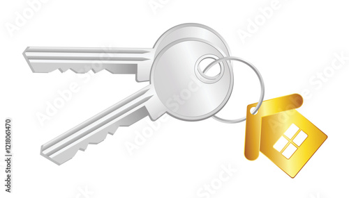 Set illustration of two silver keys on a ring, featuring a golden house-shaped keychain with a window design. This image symbolizes property ownership, real estate, home security, and access