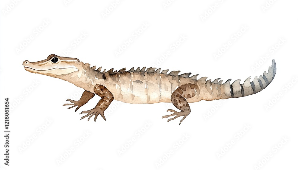 Naklejka premium Watercolor illustration of a crocodile-like creature in a natural setting with subtle details