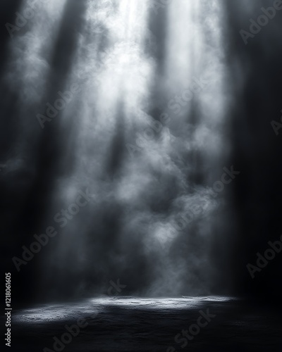 Spotlight illuminating smoky, dark room.