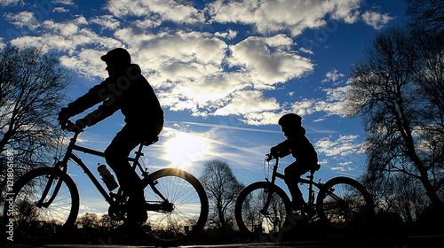 Father and Son Cycling Silhouettes at Sunset photo