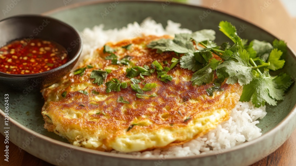Close-up of a crispy, fluffy Thai omelette resting on rice, served with a side of spicy sauce and fresh herbs, highlighting the texture and rich flavor. Close-up of a crispy, fluffy Thai omelette resting on rice, served with a side of spicy sauce and fresh herbs, highlighting the texture and rich flavor.