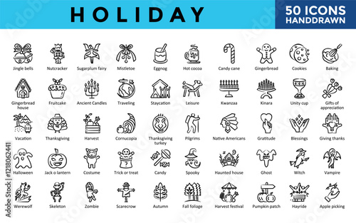 Holiday icons set with jingle bells, nutcracker, sugarplum fairy, mistletoe, eggnog, hot cocoa, candy cane, gingerbread, cookies, baking icon. Simple handdrawn vector 
