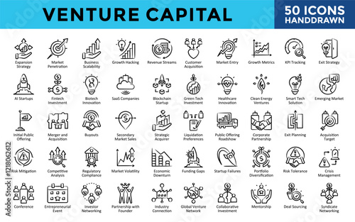  Venture Capital icons set with expansion strategy, market penetration, business scalability, growth hacking, revenue streams, customer acquisition, market entry icon. Simple handdrawn vector 
