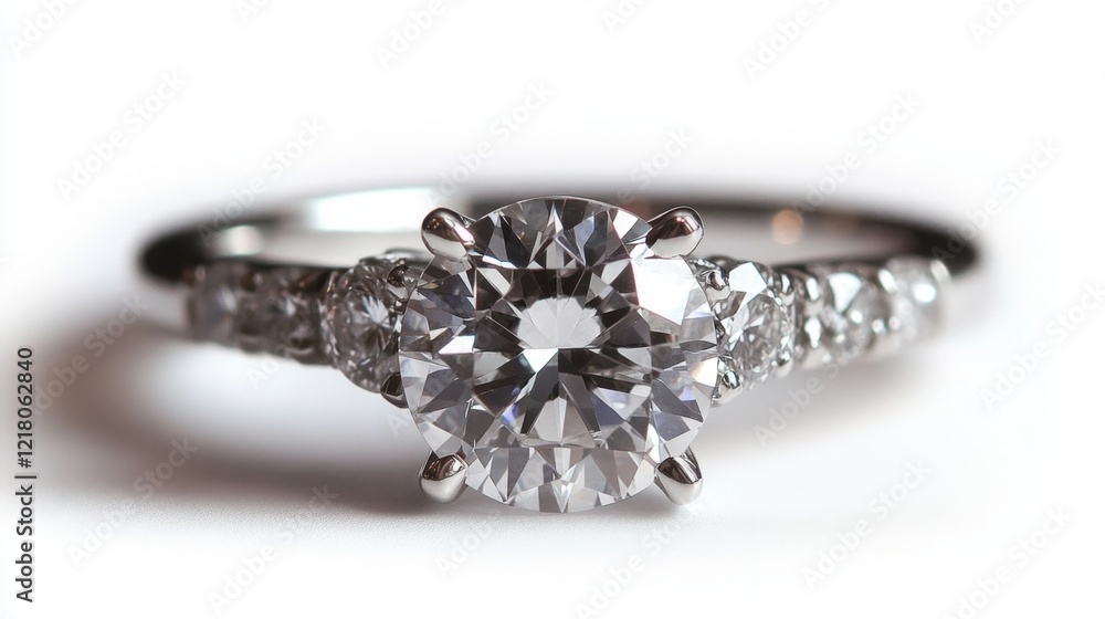 Close-up of a diamond engagement ring on a white background, capturing the fine details of the setting and the sparkling gem. Close-up of a diamond engagement ring on a white background, capturing the fine details of the setting and the sparkling gem.