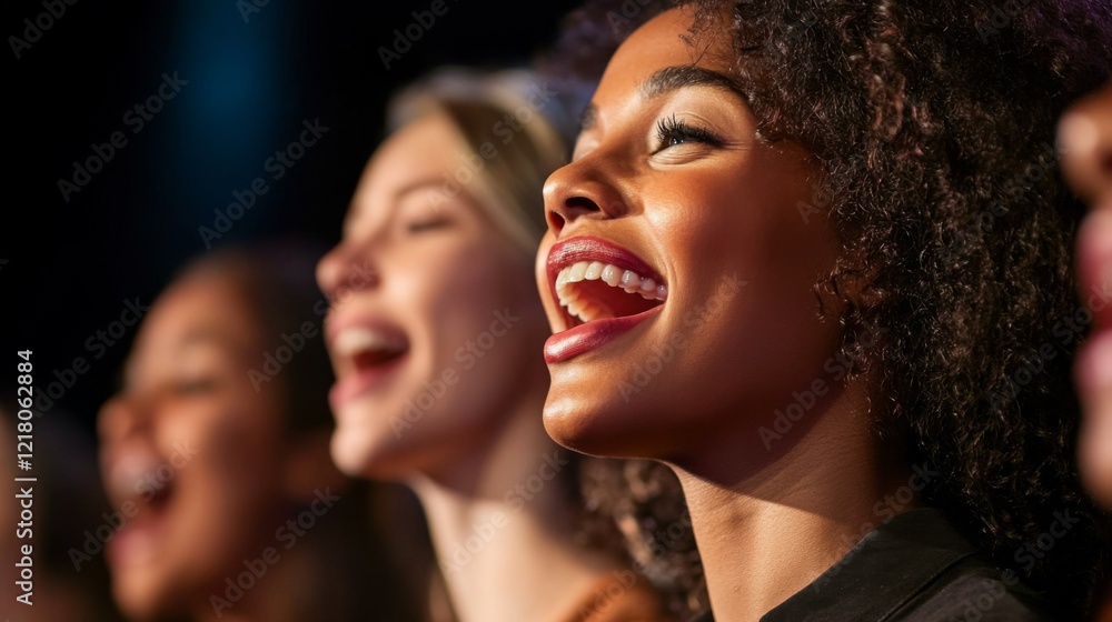 Obraz premium Close-up of a diverse group of singers harmonizing together on stage, with expressions of concentration and joy, highlighting the unity in their performance.