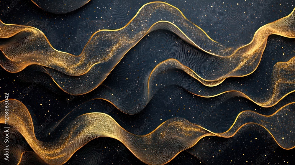 Abstract gold waves on dark background with glitter. Abstract gold waves on dark background with glitter.