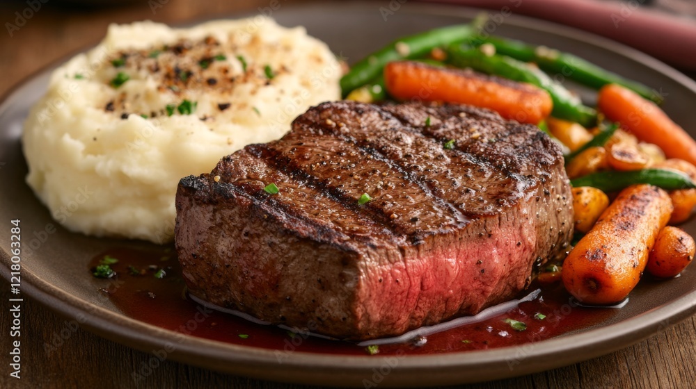 Close-up of a gourmet steak dinner with juicy, grilled beef, seasoned vegetables, and a side of mashed potatoes, capturing the textures and rich presentation.