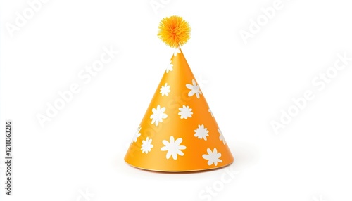 Bright orange party hat adorned with white daisies, isolated on a clean white background, ideal for celebrations